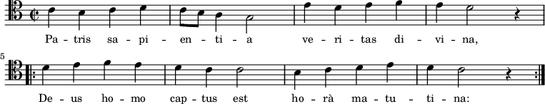 
\relative c' {
    \clef tenor
    \key c \major
    \time 2/2
    \autoBeamOff
    
    \stemDown c4 b4 c4 d4 | c8 [b8] a4 g2 | e'4 d4 e4 f4 | e4 d2 r4 | \break
    \repeat volta 2 {
        d4 e4 f4 e4 | d4 c4 c2 | b4 c4 d4 e4 | d4 c2 r4 }
}
\addlyrics { \small {
    Pa -- tris sa -- pi -- en -- ti -- a ve -- ri -- tas di -- vi -- na,
    De -- us ho -- mo cap -- tus est ho -- rà ma -- tu -- ti -- na:
}}
