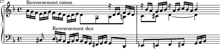 
\version "2.18.2"
\header {
  tagline = ##f
}

Xud   = { \omit TupletNumber \tuplet 3/2 { d16^\markup{Renversement dux}[ c bes] } \tuplet 3/2 { a bes c } \tuplet 3/2 { bes[ a g] } \tuplet 3/2 { fis g a } g8 d ees e f fis }
Semoc = { \omit TupletNumber \tuplet 3/2 { a16^\markup{Renversement comes}[ g f] } \tuplet 3/2 { e f g } \tuplet 3/2 { f[ e d] } \tuplet 3/2 { c d e } d8 a bes b c cis }

upper = \relative c' {
  \clef treble 
  \key d \minor
  \time 4/4
  \tempo 4 = 69 
  \set Staff.midiInstrument = #"harpsichord" 
  \set Score.currentBarNumber = #17
  %\context Score \applyContext #(set-bar-number-visibility 4)
  \bar ""
   %% FUGUE CBT II-6, BWV 875, ré mineur — inversion sujet
   << { s4 s2 \omit TupletNumber \tuplet 3/2 { r16 d16 e } \tuplet 3/2 { f[ e d] } \tuplet 3/2 { r16 bes' a] } \tuplet 3/2 { g16[ a bes] } \tuplet 3/2 { r16 a bes } \tuplet 3/2 { c16[ bes a] } bes4 } \\ { \Semoc d4~ d4~ } >> 
   
}

lower = \relative c {
  \clef bass 
  \key d \minor
  \time 4/4
  \set Staff.midiInstrument = #"harpsichord" 
    
   s8 cis8 \Xud \tuplet 3/2 { g16[ a bes] } s8
} 

\score {
  \new PianoStaff <<
    \set PianoStaff.instrumentName = #""
    \new Staff = "upper" \upper
    \new Staff = "lower" \lower
  >>
  \layout {
    \context {
      \Score
      \remove "Metronome_mark_engraver"
      \override TupletBracket.bracket-visibility = ##f
    }
  }
  \midi { }
}
