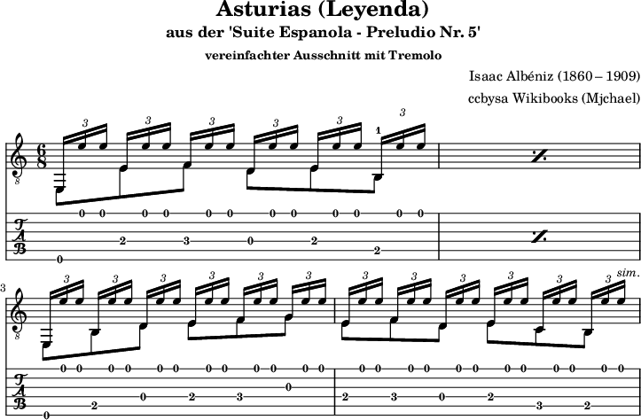 
\version "2.16.1"
\header {
  title = "Asturias (Leyenda)"
  subtitle = "aus der 'Suite Espanola - Preludio Nr. 5'"
  subsubtitle = "vereinfachter Ausschnitt mit Tremolo"
  composer = "Isaac Albéniz (1860 – 1909)"
  opus = "Op.47"
  source = "using different sources"
  arranger = "ccbysa Wikibooks (Mjchael)"
  copyright = "ccbysa de.wikibooks.org/wiki/gitarre"
}
myKey = {
  \clef "treble_8" \time 6/8  
  \key c \major \tempo 4 = 72 
  \set Score.tempoHideNote = ##t
  \set Staff.midiInstrument = "acoustic guitar (nylon)"
}
myDiskant = {
  \voiceOne
  \slurUp
  %% 9
 \repeat percent 2 {  
   \tuplet 3/2 { e,16[ e' e'] }  
   \tuplet 3/2 { e [ e' e'] }  
   \tuplet 3/2 { f[ e' e'] }  
   \tuplet 3/2 { d[ e' e'] }  
   \tuplet 3/2 { e[ e' e'] }  
   \tuplet 3/2 { b,-1[ e' e'] }
 }  
 \tuplet 3/2 {  e,[ e' e'] }  
 \tuplet 3/2 { b,[ e' e'] }  
 \tuplet 3/2 { d[ e' e'] }  
 \tuplet 3/2 { e[ e' e'] }  
 \tuplet 3/2 { f[ e' e'] }  
 \tuplet 3/2 { g[ e' e'] } 
 \tuplet 3/2 { e[ e' e'] }  
 \tuplet 3/2 { f[ e' e'] }  
 \tuplet 3/2 { d[ e' e'] }  
 \tuplet 3/2 { e[ e' e'] }  
 \tuplet 3/2 { c[ e' e'] }  
 \tuplet 3/2 { b,[ e' e'] }^\markup\small { \italic sim.}  
}

myBass = {
  \voiceTwo
  %% 9
  \repeat percent 2 { 
    e,8 e f d e b,
  } e, b, d e f g |
    e f d e c b, |
}

myGuitar = << \myDiskant \\ \myBass >>

\score {
  <<
    \new Voice  { \myKey \myGuitar }
    \new TabStaff { \myGuitar }
  >>
  \layout {  \omit Voice.StringNumber }
}

\score {
  <<
    \new Voice  { 
      \myKey 
      \unfoldRepeats \myGuitar 
    }
  >>
  \midi { }
}

\paper {
  indent=0\mm
  line-width=180\mm
  oddFooterMarkup=##f
  oddHeaderMarkup=##f
  % bookTitleMarkup=##f
  scoreTitleMarkup=##f
}
