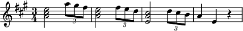 
\header {
 tagline = ##f
}

\score {
 \new Staff \with {

 }
<<
 \relative c'' {
 \key a \major
 \time 3/4
 \override TupletBracket #'bracket-visibility = ##f 
 %\autoBeamOff

 %%%%%%%%%%%%%%%%%%%%%%%%%% K15i
 < e cis a >2 \times 2/3 { a8 gis fis } < e cis a >2 \times 2/3 { fis8 e d } < cis a e >2 \times 2/3 { d8 cis b } a4 e r4

 }
>>
 \layout {
 \context {
 \remove "Metronome_mark_engraver"
 }
 }
 \midi {}
}
