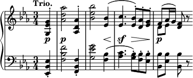 
 \relative c' {
 \new PianoStaff <<
 \new Staff { \key es \major \time 3/4 \tempo "Trio." \partial 4
 <<
 { <g' es g,>4-. \once \stemDown <aes' d, aes>2 <aes, d, aes>4-. \once \stemDown <bes' es, bes>2 <bes, es,>4(
 <c es,>4. <bes es,>8-.) <aes d,>-. <g es>-. f( aes16 g) <f d>8 b\rest }
 \\
 { s4 s2. s2. s2. d,8 es s4 }
 >>
 }
 \new Dynamics {
 s4\p a2.\p s2 s4\< s4.\sf s4.\> s4\p s4
 }
 \new Staff { \key es \major \time 3/4 \clef bass
 <es, bes es,>4-. <f' bes, f>2 <f, bes, f>4-. <g' es g,>2 <bes, f>4(
 <c aes>4. <bes g>8-.) <bes f>-. <bes es,>-. <bes bes,>[ <bes es,>] <bes bes,> r
 }
 >>
 }
