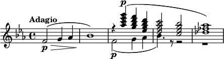 
\relative c' {
\key ees \major
\time 4/4
\tempo "Adagio"
\tempo 4 = 66
f2\p\> ( g4 aes
bes1 )\!
<<
 \relative { r4 < aes'' c ees g >^\p ( < g bes d f > < ees g bes d > < d f aes c >2 < c ees g bes > < des fes aes >1 ) }
 \\
 \relative { f'2\p ( g4 aes bes4. ) r8 r2 r1 }
>>
}
