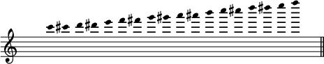 
\score {
  \relative c''' {
\clef G  
\override Staff.TimeSignature #'transparent = ##t
%\override Staff.Clef #'transparent = ##t  
\override Staff.BarLine #'transparent = ##t  
\time 19/4
\override Stem #'length = #0
c4 cis d dis e f fis g gis a ais b c cis d dis e f 
\override Staff.BarLine #'transparent = ##f s \bar "||" \break
} % relative
\layout{
  indent = 0\cm
  line-width = #120
  \set fontSize = #-1
  \override Score.BarNumber #'break-visibility = #'#(#f #f #f)
} %layout
\midi { }
} %score
\header { tagline = ##f}
