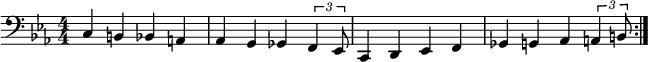 
 \relative c { \set Staff.midiInstrument = #"bas akustyczny" \key ees \major \numericTimeSignature \time 4/4 \clef bass \repeat volta 2 { c4 b bes a aes g ges \times 2/3 {f ees8 } c4 d ees f ges g aes \times 2/3 {a b8}} }
