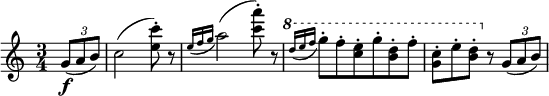 \relative c'' {
\override TupletBracket #'bracket-visibility = ##f
\time 3/4
\key c \major
\partial 4

\tuplet 3/2 { g8(\f a b) } | c2( <e c'>8-.) r | \acciaccatura { e16 f g } a2( <c a'>8-.) r | 
\ottava #1
\acciaccatura { d16 e f } g8-. f-. <e c>-. g-. <d b>-. f-. | <c g>-. e-. <d b>-. 
\ottava #0
r \tuplet 3/2 { g,,8( a b) } |

}