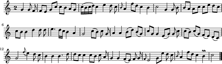 
\relative c'' {
  \override Staff.TimeSignature #'style = #'single-digit
  \time 2/2
  \partial 2
  \autoBeamOff
  g4 g8 f
  f[ e] g[ c] c[ b] a[ g]
  c16[( b c d]) c4 e d8 c
  \grace b a4 f'8[ d] c4 b
  c2 g4 g8 b

  b[ a] a[ c] c[ e] d[ c]
  c[ b] b4 d d8 d
  e4. d16[ c] b4 a
  g2 c8[(b]) c g
  a4 a b8[( d]) b[(g])

  c[ g] g4 e8[( g]) g c
  c[( b]) c[( g]) f[( e]) d[( c])
  g'2 \appoggiatura f'8 e4 d8 c
  b4 b b4. d8
  d[ c] c4 c8[ b] c a

  g4 g f8[( e]) f g
  \grace f e2 g8[ e'] d c
  \grace b a4 f'8[ d] c4 b\prall
  c2
  \bar "|."
}
