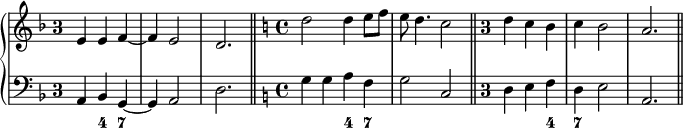 
\version "2.14.2"
\header {
  tagline = ##f
        }
melody = \relative c' {
%  \override Score.TimeSignature.stencil=##f
  \key f \major
  \once \override Staff.TimeSignature.style = #'single-digit
  \time 3/4
  \tempo 4 = 132
e4 e f~ | f e2 | d2. \bar "||" \set Staff.explicitKeySignatureVisibility = #all-invisible
\override Staff.KeySignature.break-visibility = #all-invisible \key c \major
\time 4/4 d'2 d4 e8 f | e d4. c2 \bar "||"
\once \override Staff.TimeSignature.style = #'single-digit \time 3/4  d4 c b | c b2 | a2. \bar "||" }

bass = \relative c {
%  \override Score.TimeSignature.stencil=##f
  \clef bass
  \key f \major
  \once \override Staff.TimeSignature.style = #'single-digit
  \time 3/4
a4 bes g~ | g a2 | d2.
\set Staff.explicitKeySignatureVisibility = #all-invisible
\override Staff.KeySignature.break-visibility = #all-invisible \key c \major
\time 4/4 g4 g a f | g2 c,2
\once \override Staff.TimeSignature.style = #'single-digit \time 3/4 d4 e f | d e2 | a,2. }

\score {
  \new PianoStaff
    << \new Staff = "melody" \melody
       \new Staff = "bass" \bass
       \new FiguredBass { \figuremode { s4 <4> <7> | s2. s2. s2 <4>4 <7> | s1 s2 <4>4 <7> } } >>
  \layout {

    \context {
      \Score
      \remove "Metronome_mark_engraver"
      \remove "Staff_collecting_engraver"
      \remove "Bar_number_engraver"
    }
  indent = 0
  }
  \midi { }
}
