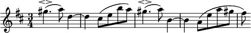 \relative c''' {\time 3/4\once \omit Score.MetronomeMark\tempo 4 = 112\key d \majorgis4.(\espressivo a8) d,4~ | d cis8[( e b' a]) | gis4.(\espressivo a8) b,4~ | b a8[( e' a gis] | fis)}