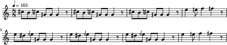 \n\\relative c'' {\n \\tempo 4= 165\n \\time 8/8\n\\language "english"\ncs8 b8 cqs8 gqs8 gqs8 gqs4 r8\ncs8 b8 cqs8 gqs8 gqs8 gqs4 r8\ncs8 b8 cqs8 gqs8 gqs8 gqs4 r8\ne'4 eqs8 f4 fqs4 r8\n\ne8 ds8 eqf8 gqs,8 gqs8 gqs4 r8\ne'8 ds8 eqf8 gqs,8 gqs8 gqs4 r8\ne'8 ds8 eqf8 gqs,8 gqs8 gqs4 r8\ne'4 eqs8 f4 fqs4 r8\n }\n