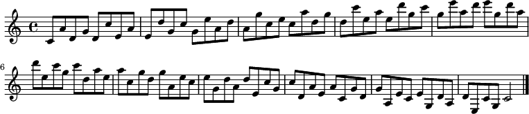 
{

\modalTranspose c c' { c d e g a } { c8 a d g } 
\modalTranspose c d' { c d e g a } { c a d g } 
\modalTranspose c e' { c d e g a } { c a d g } 
\modalTranspose c g' { c d e g a } { c a d g } 
\modalTranspose c a' { c d e g a } { c a d g } 
\modalTranspose c c'' { c d e g a } { c a d g } 
\modalTranspose c d'' { c d e g a } { c a d g } 
\modalTranspose c e'' { c d e g a } { c a d g } 
\modalTranspose c g'' { c d e g a } { c a d g } 

\modalInversion c e''' { c d e g a } { c a d g } 
\modalInversion c d''' { c d e g a } { c a d g } 
\modalInversion c c''' { c d e g a } { c a d g } 
\modalInversion c a'' { c d e g a } { c a d g } 
\modalInversion c g'' { c d e g a } { c a d g } 
\modalInversion c e'' { c d e g a } { c a d g } 
\modalInversion c d'' { c d e g a } { c a d g } 
\modalInversion c c'' { c d e g a } { c a d g } 
\modalInversion c a' { c d e g a } { c a d g } 
\modalInversion c g' { c d e g a } { c a d g } 
\modalInversion c e' { c d e g a } { c a d g } 
\modalInversion c d' { c d e g a } { c a d g } 

c'2

\bar "|."
}
