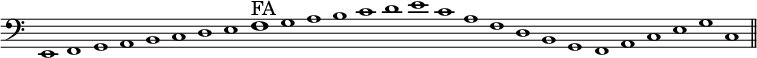 
\relative c, {
  \clef bass
  \override Staff.TimeSignature #'stencil = ##f
  \cadenzaOn
  e1 f g a b c d e \huge f^"FA" \normalsize g a b c d e
  c a f d b g f a c e g c,
  \bar "||"
}
