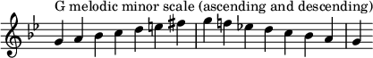  {
\override Score.TimeSignature #'stencil = ##f
\relative c'' {
  \clef treble \key g \minor \time 7/4
  g4^\markup "G melodic minor scale (ascending and descending)" a bes c d e fis g f! es! d c bes a g
} }
