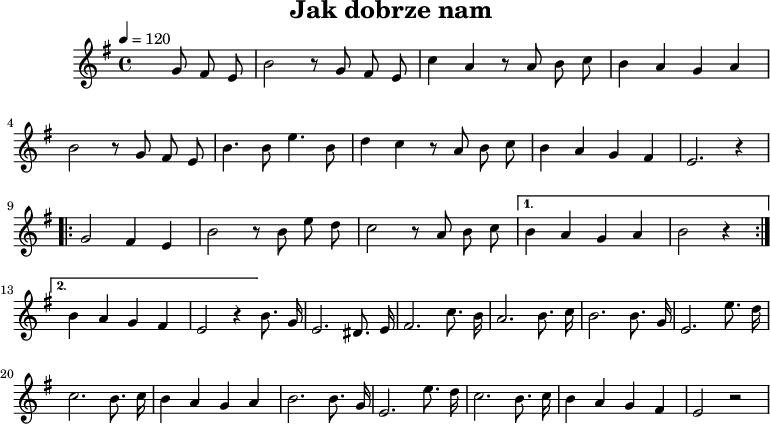 
\version "2.20.0"

\header {
  title = "Jak dobrze nam"
  composer = ""
  tagline = ""
}

melody =  \new Staff \with { midiInstrument = "flute" } {
  \relative c'' {
     \clef treble
     \key g \major
     \time 4/4
     \tempo 4 = 120
  
      \autoBeamOff

    \partial 2 { s8 g8 fis e }  |

    b'2 r8 g fis e |
    c'4 a r8 a b c |
    b4 a g a |
    b2 r8 g fis e | 

    b'4. b8 e4. b8 |
    d4 c r8 a b c |
    b4 a g fis |
    e2. r4 |

    \repeat volta 2 {
      g2 fis4 e |
      b'2 r8 b e d |
      c2 r8 a b c |
    }
      \alternative {
         { b4 a g a | b2 r4 }
         { b4 a g fis | e2  r4 }
      }
%}    
      b'8. g16 |
      e2. dis8. e16 |
      fis2. c'8. b16 |
      a2. b8. c16 |
      b2. b8. g16 |

      e2. e'8. d16 |
      c2. b8. c16 |
      b4 a g a |
      b2. b8. g16 |

      e2. e'8. d16 |
      c2. b8. c16 |
      b4 a g fis |
      e2 r2
    
  }
}

\score {
  \melody
  \layout {}
}
\score{
  \unfoldRepeats
  \melody
  \midi {}
}
