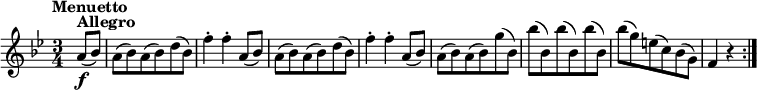 
\relative a' {\set Staff.midiInstrument = #"violin"
  \key bes \major \time 3/4
  \tempo "Menuetto"
  \tempo 4 = 168
  \partial 4 a8^\markup {\bold Allegro}( \f bes)
  a8( bes) a8( bes) d( bes)
  f'4-. f-. a,8( bes)
  a8( bes) a8( bes) d( bes)
  f'4-. f-. a,8( bes)
  a8( bes) a8( bes) g'( bes,)
  bes'8( bes,) bes'( bes,) bes'( bes,)
  bes'8( g) e( c) bes( g)
  f4 r \bar ":|."
} 