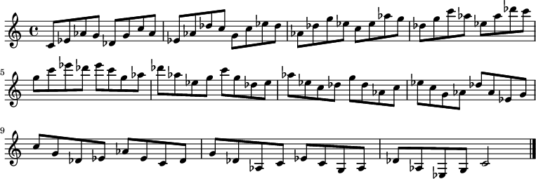 
{

\modalTranspose c c' { c des ees g aes } { c8 ees aes g } 
\modalTranspose c des' { c des ees g aes } { c ees aes g } 
\modalTranspose c ees' { c des ees g aes } { c ees aes g } 
\modalTranspose c g' { c des ees g aes } { c ees aes g } 
\modalTranspose c aes' { c des ees g aes } { c ees aes g } 
\modalTranspose c c'' { c des ees g aes } { c ees aes g } 
\modalTranspose c des'' { c des ees g aes } { c ees aes g } 
\modalTranspose c ees'' { c des ees g aes } { c ees aes g } 
\modalTranspose c g'' { c des ees g aes } { c ees aes g } 

\modalInversion c ees''' { c des ees g aes } { c ees aes g } 
\modalInversion c des''' { c des ees g aes } { c ees aes g } 
\modalInversion c c''' { c des ees g aes } { c ees aes g } 
\modalInversion c aes'' { c des ees g aes } { c ees aes g } 
\modalInversion c g'' { c des ees g aes } { c ees aes g } 
\modalInversion c ees'' { c des ees g aes } { c ees aes g } 
\modalInversion c des'' { c des ees g aes } { c ees aes g } 
\modalInversion c c'' { c des ees g aes } { c ees aes g } 
\modalInversion c aes' { c des ees g aes } { c ees aes g } 
\modalInversion c g' { c des ees g aes } { c ees aes g } 
\modalInversion c ees' { c des ees g aes } { c ees aes g } 
\modalInversion c des' { c des ees g aes } { c ees aes g } 

c'2

\bar "|."
}
