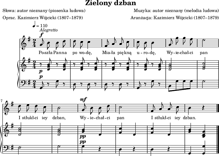 
\version "2.20.0"

\header{
   title = "Zielony dzban"
   poet = "Słowa: autor nieznany (piosenka ludowa)"
   meter = "Oprac. Kazimierz Wójcicki (1807–1879)"
   composer = "Muzyka: autor nieznany (melodia ludowa)"
   arranger = "Aranżacja: Kazimierz Wójcicki (1807–1879)"
   tagline=""
}

\score{
<<
\new Staff \with { midiInstrument = "flute" } \relative g'{
   \clef treble
   \key g \major
   \time 2/4
   \tempo 4=110

   \autoBeamOff
^\markup{ \italic { Alegretto } } ^\f
   g8 b b d |
   d c c4 |
   fis,8 a a c |
   c b b4 |

   g8 g' g fis |
   e2 |
% ---
   d8 e d c |
   b2 |
^\mf
   g8 b b d |
   c2 |
   fis,8 a a c |
   b4 r \bar "|."
}
\addlyrics{ \small {
   Po -- szła Pan -- na po wo -- dę,
   Mia -- ła pię -- kną u -- ro -- dę,
   Wy -- ie -- chał -- ci pan
   I stłukł -- ci iey dzban,
   Wy -- ie -- chał -- ci pan
   I stłukł -- ci iey dzban.
} }
\new PianoStaff{
<<
   \new Staff="RH" \relative c'{
      \clef treble
      \key g \major
      \time 2/4
      \tempo 4=110

_\p 
      r8 <d g b> r <d g b> |
      r <d fis c'> r <d fis c'> |
      r <d fis c'> r <d fis c'> |
      r8 <d g b> r <d g b> |

      <d g b>2 |
      <e g c> |
% ---
      <d a' c> |
      <d g b> |
_\pp
      <g b>4[ d] |
      <fis c'>[ d] |
      <fis c'>[ d] | 
      <g b>4 <b, d g> \bar "|."
   }
   \new Staff="LH" {
      \clef bass
      \key g \major
      \time 2/4
      \tempo 4=110
^\p 
      g,8 r g r |
      d r d r |
      d r d r |
      g, r g r |

      b,8[ g g g] |
      g2 |
% ---
      fis |
      g |
^\pp
      g4 r |
      d r |
      d r |
      g, <g, g> \bar "|."
   }
>>
}
>>
\layout{}
\midi{}
}

