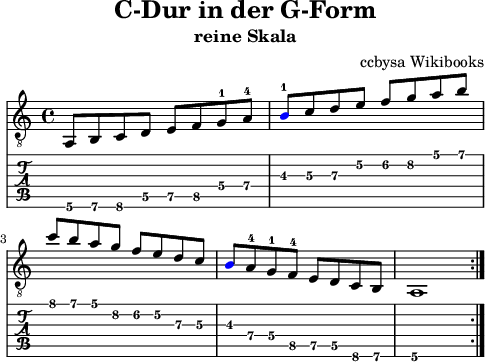 
\version "2.20.0"
\header {
  title = "C-Dur in der G-Form"
  subtitle = "reine Skala"
  arranger = "ccbysa Wikibooks"
}

Melody =  {
  \set Staff.midiInstrument = "electric guitar (clean)"
  \repeat volta 2 {  
    \stemUp
    \set TabStaff.minimumFret = #4
    \set TabStaff.restrainOpenStrings = ##t
 a,8 b, c d e f g-1 a-4 |
 \once  \override NoteHead #'color = #blue
 b8-1 c' d' e' f' g' a' b' |
 \break
 c''8 b' a' g' f' e' d' c' | 
  \once  \override NoteHead #'color = #blue
 b8 a-4 g-1 f-4 e d c b, | a,1 |
 } 
 
}

Gitarre =  \Melody

\score {
  <<
    \new Voice  { 
      \clef "treble_8" \time 4/4  
      \tempo 4 = 100 \key c \major 
      \set Score.tempoHideNote = ##t
      \Gitarre 
    }
   \new TabStaff { \Gitarre }
  >>
  \layout { }
}
\score {
  <<
    \new Voice  { 
      \clef "treble_8" \time 4/4  
      \tempo 4 = 100 \key c \major 
      \unfoldRepeats \Gitarre 
    }
  >>
  \midi { }
}

\paper {
  indent=0\mm
  line-width=120\mm
  oddFooterMarkup=##f
  oddHeaderMarkup=##f
  % bookTitleMarkup=##f
  scoreTitleMarkup=##f
}
