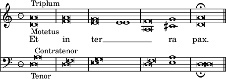 << \override Score.TimeSignature #'style = #'neomensural
 \new Staff << \time 3/2 \new Voice \relative a' { \cadenzaOn a\breve^"Triplum" \bar "|" a \bar "|" g e1 \bar "|" f\breve g1 \bar "|" a\breve\fermata \bar "||" }
\new Voice \relative d' { \cadenzaOn d\breve_"Motetus" f e e1 a,\breve cis1 d\breve }
\addlyrics { Et in ter __ _ _ ra pax. } >>
 \new Staff << \clef bass \new Voice { \cadenzaOn a\breve^"Contratenor" f g s1 f\breve e1 d\breve }
  \new Voice { \cadenzaOn d\breve_"Tenor" d e s1 d\breve a1 d\breve_\fermata } >> >>