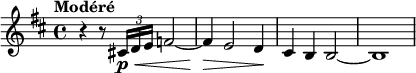  { \mengatur Staf.midiInstrument = #"english horn" \relatif c' { \mengatur Skor.currentBarNumber = #5 \kunci d\utama \waktu 4/4 \tempo Modéré \menimpa DynamicLineSpanner.staf-padding = #2 r4 r8 \tuplet 3/2 { cis!16\p\< d e } f2~ f4\> e2 d4\! cis4 b b2~ b1 } } 