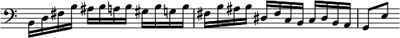  \relative b, { \time 3/4 \override Score.TimeSignature #'stencil = ##f \clef bass
  b16 d fis b ais b a b gis b g b | fis b ais b dis, fis c b c dis b a | g8[ e'] }