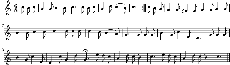 
\relative c'' {
  \key c \major
  \time 6/8
  \partial 4.
  \autoBeamOff
  \repeat volta 2 {
    c8 b c
    a4 a8 b4 b8
    c4. c8 b c
    a4 d8 c4( b8)
    c4.
  }
  c8 b a
  g4 g8 fis4 fis8
  g4 g8 a4 a8

  b4 b8 c4 c8

  d4. d8 d d
  d4 c8 b4( a8)
  g4. g8 g g
  b4 g8 c4 e,8
  d4. g8 g g
  b4 g8 c4 e,8
  d4 c'8 g4 d'8

  g,4.\fermata e'8 d c
  a4 d8 c( b4)
  c4. e8 d c
  a4 d8 c( b4)
  c4.
  \bar "|."
}
