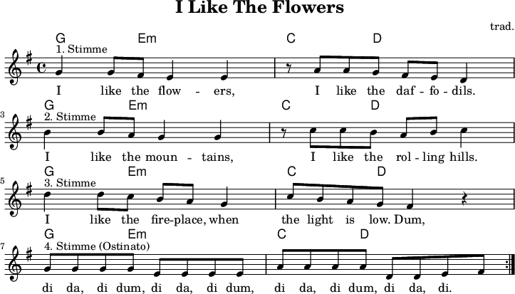 
\version "2.20.0"
\header {
 title = "I Like The Flowers"
 composer = "trad."
 % arranger = "arr: ccbysa Mjchael"
}

myChords = \chordmode {
  \set Staff.midiInstrument = #"acoustic guitar (nylon)"
  % Akkorde nur beim Wechsel Notieren
  \set chordChanges = ##t
   g,,4 8 e,4:m e,8:m e,4:m |  c,4 8 d,4 8 4
   g,,4 8 e,4:m e,8:m e,4:m |  c,4 8 d,4 8 4
   g,,4 8 e,4:m e,8:m e,4:m |  c,4 8 d,4 8 4
   g,,4 8 e,4:m e,8:m e,4:m |  c,4 8 d,4 8 4
}


myMelody = \relative c'' {
  \clef "treble"
  \time 4/4
  \tempo 4 = 120
  %Tempo ausblenden
  \set Score.tempoHideNote = ##t
  \key g\major
  \set Staff.midiInstrument = #"trombone"
  g4^"1. Stimme" g8 fis e4 e
  r8 a8 a g fis e d4 \break
  b'4^"2. Stimme" b8 a g4 g
  r8 c8 c b a b c4 \break
  d4^"3. Stimme" d8 c b a g4
  c8 b a g fis4 r4 \break
  g8^"4. Stimme (Ostinato)" g g g e e e e
  a8 a a a d, d e fis
  \bar ":|."
}


myLyrics = \lyricmode {
I like the flow -- ers, I like the daf -- fo -- dils.
I like the moun -- tains, I like the rol -- ling hills.
I like the fire -- place, when the light is low.
Dum, di da, di dum, di da, di dum, di da, di dum, di da, di.
}

\score {
  <<
    \new ChordNames { \myChords }
    \new Voice = "Song" { \myMelody }
    \new Lyrics \lyricsto "Song" { \myLyrics }
     % \new TabStaff { \myChords } % Test
  >>
  \midi { }
  \layout { }
}

% unterdrückt im raw="1"-Modus das DinA4-Format.
\paper {
  indent=0\mm
  % DinA4 0 210mm - 10mm Rand - 20mm Lochrand = 180mm
  line-width=180\mm
  oddFooterMarkup=##f
  oddHeaderMarkup=##f
  % bookTitleMarkup=##f
  scoreTitleMarkup=##f
}
