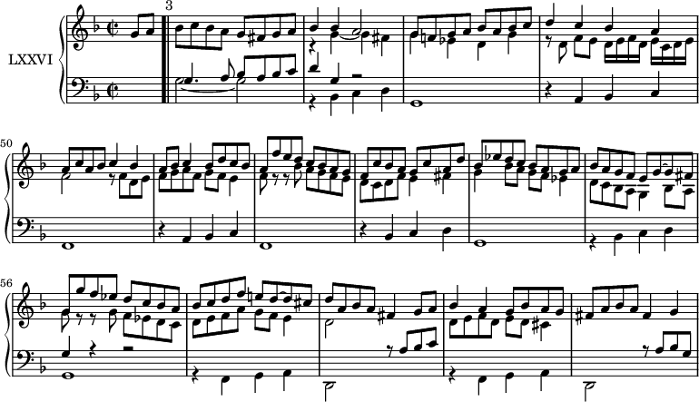 
\version "2.18.2"
\header {
 tagline = ##f
}
upper = \relative c'' {
 \clef treble 
 \key f \major
 \time 2/2
 \tempo 2 = 48
 %\autoBeamOff
 \set Staff.midiInstrument = #"harpsichord"

 \partial 4 g8 a^" 3" \bar ".|" 
 bes8 c bes a g fis g a 
 << { bes4 bes a2 } \\ { r4 g4~ g4 fis } >>
 << { g8 f! g a bes a bes c } \\ { g4 ees d g } >>
 << { d'4 c bes a } \\ { r8 d,8 f[ e] d16[ e f d] e[ c d e] } >>
 << { a8 c a bes c4 bes } \\ { f2 r8 f d e } >>
 << { a8 bes c4 bes8 d c bes } \\ { f8 g a f g f e4 } >>
 << { a8 f' e d c bes a g } \\ { f8 r8 r8 bes8 a g f e } >>
 %%% 8
 << { f8 c' bes a g c a d } \\ { d, c d f e4 fis } >>
 << { bes8 ees d c bes a g a } \\ { g4 bes8 a g f ees4 } >>
 << { bes'8 a g f e g~ g fis } \\ { d8 c bes a g4 bes8 a } >>
 << { g'8 g' f ees d c bes a } \\ { g8 r8 r8 g8 f ees d c } >>
 %%% 12
 << { bes'8 c d f e! d~ d cis } \\ { d,8 e f a g f e4 } >>
 << { d'8 a bes a fis4 g8 a } \\ { d,2 } >>
 << { bes'4 a g8 bes a g } \\ { d8 e f d e d cis4 } >>
 fis8 a bes a fis4 g

}

lower = \relative c' {
 \clef bass
 \key f \major
 \time 2/2
 \set Score.currentBarNumber = #46
 \set Staff.midiInstrument = #"harpsichord"
 
 s4
 << { g4. a8 bes a bes c } \\ { g2~ g } >>
 << { d'4 g, r2 } \\ { r4 bes,4 c d g,1 } >>
 r4 a4 bes c f,1
 r4 a4 bes c f,1
 r4 bes4 c d g,1
 << { s1 g'4 r4 r2 } \\ { r4 bes,4 c d g,1 } >>
 << { s1 s2 r8 a'8 bes c } \\ { r4 f,,4 g a d,2 s2 } >>
 << { s1 s2 r8 a''8 bes g } \\ { r4 f,4 g a d,2 s2 } >>
 
} 

\score {
 \new PianoStaff <<
 \set PianoStaff.instrumentName = #"LXXVI"
 \new Staff = "upper" \upper
 \new Staff = "lower" \lower
 >>
 \layout {
 \context {
 \Score
 \remove "Metronome_mark_engraver"
 }
 }
 \midi { }
}
