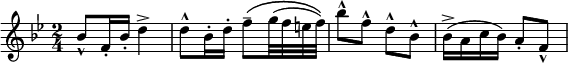 
\relative c'' { 
 \set Staff.midiInstrument = #"flute"
 \key bes \major
 \time 2/4
 bes8-^ f16-. bes-. d4-> | d8-^ bes16-. d-. f8\(-- g32( f e f)\) | bes8-^ f-^ d-^ bes-^ | bes16(-> a c bes) a8-. f-^
}
