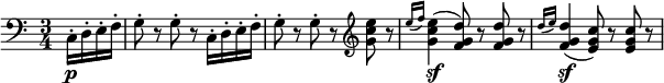 \relative c { \clef bass \key c \major \time 3/4 \set Staff.midiInstrument = #"Französischhorn" \partial 4*1 c16-.\p d-.  e-.  F-.  |  g8-.  r g-.  rc,16-.  D-.  e-.  F-.  |  g8-.  r g-.  r \clef treble \set Staff.midiInstrument = #"Klarinette" <e'' c g> r |  \grace { e16[(f])} <ec g>4(\sf <dg, f>8) r <dg, f> r |  \grace { d16([ e)] } <dg, f>4(\sf <cg e>8) r <cg e> r }