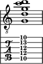  
<<
  %\override Score.BarLine.break-visibility = ##(#f #t #t)
  \time 1/1
    \new Staff  {
    \clef "treble_8"
        \once \override Staff.TimeSignature #'stencil = ##f
        < g d' g' c'' d''>1
    }

     \new TabStaff {
       \override Stem #'transparent = ##t
       \override Beam #'transparent = ##t 
      < g\5 d'\4 g'\3 c''\2 d''\1>1
  }
>>
