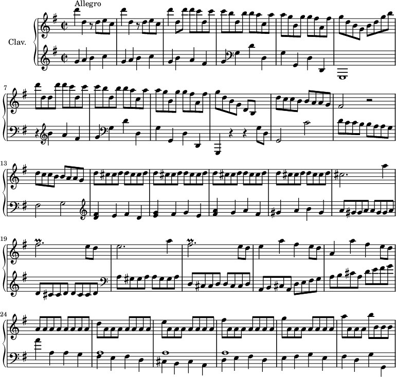 
\version "2.18.2"
\header {
  tagline = ##f
}

%% les petites notes
trillFis = { \tag #'print { fis2.\prall } \tag #'midi { g16 fis g fis~ fis4~ fis4 } }

upper = \relative c'' {
  \clef treble 
  \key g \major
  \time 2/2
  \tempo 2 = 112
  \set Staff.midiInstrument = #"harpsichord"

   s8*0^\markup{Allegro}
   \repeat unfold 2 { d'4 d, r8 d8 e c } | d'4 d,8 d' d c d, c' | c b d, b' b a c, a' | 
   % ms. 5
   a8 g b, g' g fis a, fis' | g d b g b d g b | d d, d d' d c d, c' | c b d, b' b a c, a' | a8 g b, g' g fis a, fis' |
   % ms. 10 
   g8 d b g d b s4 | d'8 c c b b a a g | fis2 r2 | d'8 c c b b a a g | \repeat unfold 4 { d' cis cis d  d cis cis d } | 
   % ms. 18
   cis2. a'4 | \trillFis e8 d | e2. a4 | \trillFis e8 d | e4 a fis e8 d | a4 a' fis e8 d | a \repeat unfold 7 { a } | 
   % ms. 25
   d \repeat unfold 7 { a } | e' \repeat unfold 7 { a, } | fis' \repeat unfold 7 { a, } | g' \repeat unfold 7 { a, } | a' a, a a b' b, b b | 

}

lower = \relative c'' {
  \clef bass
  \key g \major
  \time 2/2
  \set Staff.midiInstrument = #"harpsichord"

    % **************************************
      \clef treble  g4 a b c | g a b c | g b a fis | g  \clef bass g, d' d, | g g, d' d, | g,1 | r4 \clef treble b'''4 a fis | g  \clef bass g,4 d' d, | g g, d' d, |
      % ms. 10
      g,4 r4 r4 g''8 d | g,2 c' | d8 c c b b a a g | fis2 g | \clef treble < d' fis >4 e fis d | 
      % ms. 15
      < e g >4 fis g e | < fis a >4 g a fis | gis a b gis | a8 gis gis a  a gis gis a | d, cis cis d  d cis cis d | 
      % ms. 20 
      \clef bass a8 gis gis a  a gis gis a | d, cis cis d  d cis cis d | a8 b cis a d e fis g | a b cis a d e fis g | a4 a, a g | 
      % ms. 25
      << { a1 a1 a1 } \\ { fis4 e fis d | cis b cis a | d e fis d | e fis g e | fis d g g, } >>

}

thePianoStaff = \new PianoStaff <<
    \set PianoStaff.instrumentName = #"Clav."
    \new Staff = "upper" \upper
    \new Staff = "lower" \lower
  >>

\score {
  \keepWithTag #'print \thePianoStaff
  \layout {
      #(layout-set-staff-size 17)
    \context {
      \Score
     \override SpacingSpanner.common-shortest-duration = #(ly:make-moment 1/2)
      \remove "Metronome_mark_engraver"
    }
  }
}

\score {
  \keepWithTag #'midi \thePianoStaff
  \midi { }
}
