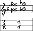  
<<
  %\override Score.BarLine.break-visibility = ##(#f #t #t)
  \time 2/1
    \new Staff  {
    \clef "treble_8"
        \once \override Staff.TimeSignature #'stencil = ##f
        < gis bis fisis' ais' >1 | < aes c' g' bes' >1 |
    }

     \new TabStaff {
       \override Stem #'transparent = ##t
       \override Beam #'transparent = ##t 
      s2 < gis\5 c'\4 g'\3 ais'\2 >1 s2
  }
>>
