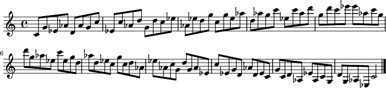 
{

\modalTranspose c c' { c d ees g aes } { c8 g ees aes } 
\modalTranspose c d' { c d ees g aes } { c g ees aes } 
\modalTranspose c ees' { c d ees g aes } { c g ees aes } 
\modalTranspose c g' { c d ees g aes } { c g ees aes } 
\modalTranspose c aes' { c d ees g aes } { c g ees aes } 
\modalTranspose c c'' { c d ees g aes } { c g ees aes } 
\modalTranspose c d'' { c d ees g aes } { c g ees aes } 
\modalTranspose c ees'' { c d ees g aes } { c g ees aes } 
\modalTranspose c g'' { c d ees g aes } { c g ees aes } 

\modalInversion c ees''' { c d ees g aes } { c g ees aes } 
\modalInversion c d''' { c d ees g aes } { c g ees aes } 
\modalInversion c c''' { c d ees g aes } { c g ees aes } 
\modalInversion c aes'' { c d ees g aes } { c g ees aes } 
\modalInversion c g'' { c d ees g aes } { c g ees aes } 
\modalInversion c ees'' { c d ees g aes } { c g ees aes } 
\modalInversion c d'' { c d ees g aes } { c g ees aes } 
\modalInversion c c'' { c d ees g aes } { c g ees aes } 
\modalInversion c aes' { c d ees g aes } { c g ees aes } 
\modalInversion c g' { c d ees g aes } { c g ees aes } 
\modalInversion c ees' { c d ees g aes } { c g ees aes } 
\modalInversion c d' { c d ees g aes } { c g ees aes } 

c'2

\bar "|."
}
