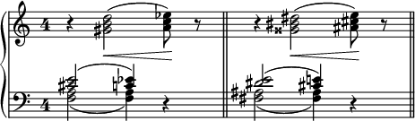 
\language "italiano"
porteeA = \relative do'' {
  \override Staff.TimeSignature.style = #'single-digit
  r4 <re si sold>2(\< <mib do la>8)\! r8 \bar "||" 
  r4 <red sid soldd>2(\< <mi dod lad>8)\! r8 \bar "||"
}
porteeB = \relative do' {
  \override Staff.TimeSignature.style = #'single-digit
  << { <mi dod>2( <mib do>4) } \\ { <la, fa>2( <la fa>4) } >> r4 | 
  << { <red mi>2( <mi! dod>4)  } \\ { <lad, fad>2( <lad fad>4)  } >> r4 \bar "||"
}
\score {
  \new PianoStaff <<
    \new Staff = "mel" <<
      \clef "treble" \time 4/4
      \new Voice = "mel"  { \porteeA }
    >>
    \new Staff = "mel" <<
      \clef "bass" \time 4/4
      \new Voice = "mel"  { \porteeB }
    >>
  >>
  \layout {
    \context { \Staff \RemoveEmptyStaves }
        \context { \Score
               \override SpacingSpanner.base-shortest-duration = #(ly:make-moment 1/32)
    }
    indent = 0\cm
    \override Score.BarNumber #'stencil = ##f
  }
  \midi { }
}
\header { tagline = ##f}
