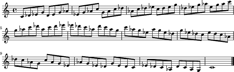 
{

\modalTranspose c c' { c des ees g aes } { c8 des ees g } 
\modalTranspose c des' { c des ees g aes } { c des ees g } 
\modalTranspose c ees' { c des ees g aes } { c des ees g } 
\modalTranspose c g' { c des ees g aes } { c des ees g } 
\modalTranspose c aes' { c des ees g aes } { c des ees g } 
\modalTranspose c c'' { c des ees g aes } { c des ees g } 
\modalTranspose c des'' { c des ees g aes } { c des ees g } 
\modalTranspose c ees'' { c des ees g aes } { c des ees g } 
\modalTranspose c g'' { c des ees g aes } { c des ees g } 
\modalTranspose c aes'' { c des ees g aes } { c des ees g } 

\modalInversion c ees''' { c des ees g aes } { c des ees g } 
\modalInversion c des''' { c des ees g aes } { c des ees g } 
\modalInversion c c''' { c des ees g aes } { c des ees g } 
\modalInversion c aes'' { c des ees g aes } { c des ees g } 
\modalInversion c g'' { c des ees g aes } { c des ees g } 
\modalInversion c ees'' { c des ees g aes } { c des ees g } 
\modalInversion c des'' { c des ees g aes } { c des ees g } 
\modalInversion c c'' { c des ees g aes } { c des ees g } 
\modalInversion c aes' { c des ees g aes } { c des ees g } 
\modalInversion c g' { c des ees g aes } { c des ees g } 
\modalInversion c ees' { c des ees g aes } { c des ees g } 
\modalInversion c des' { c des ees g aes } { c des ees g } 

c'1

\bar "|."
}
