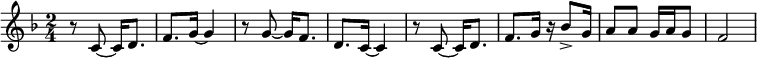 {\key f \major
 \time 2/4 r8 c'8~ c'16 d'8. f'8. g'16~ g'4 r8 g'8~ g'16 f'8. d'8. c'16~ c'4 r8 c'8~ c'16 d'8. f'8. g'16 r16 bes'8-> g'16 a'8 a' g'16 a'16 g'8 f'2}