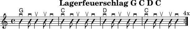 
\version "2.20.0"
\header {
  title="Lagerfeuerschlag G C D C "
  encoder="mjchael"
}

myChords = \new ChordNames { \chordmode {
    g1 c d c
}}

Lager_G = {
  <g, b d>4 \downbow %1
  <g b g'>8 \downbow %2
  <g b g'>4 \upbow %+
  <g b g'>8 \upbow %+
  <g b g'>4 \downbow %4
}

Lager_C = {
  <e, c e>4 \downbow
  <g c' e'>8 \downbow 
  <g c' e'>4 \upbow 
  <g c' e'>8 \upbow 
  <g c' e'>4 \downbow
}

Lager_D = {
  <a, d a>4 \downbow
  <a d' fis'>8 \downbow 
  <a d' fis'>4 \upbow 
  <a d' fis'>8 \upbow 
  <a d' fis'>4 \downbow
}

myRhythm = { \repeat volta 4 {
  \Lager_G \Lager_C \Lager_D \Lager_C
  \mark "4x"
}}

\score { << %layout
  % Chords
  \myChords
  % Slash Notation
  \new Voice \with {
    \consists "Pitch_squash_engraver"
  }{
    \set Staff.midiInstrument = "acoustic guitar (nylon)"
    \improvisationOn
    \override NoteHead.X-offset = 0
    \myRhythm
  }
>> \layout{} }

\score { << % midi
  \unfoldRepeats {
    \tempo 4 = 90
    \time 4/4
    \key d \major
    \set Staff.midiInstrument = #"acoustic guitar (nylon)"
    c4 b, a,
    \myRhythm 
    <g, b, d g b g'>1 \downbow
  }
>> \midi{} }

\paper {
  indent=0\mm
  line-width=180\mm
  oddFooterMarkup=##f
  oddHeaderMarkup=##f
  % bookTitleMarkup=##f
  scoreTitleMarkup=##f
}
