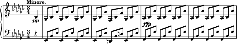 
 \relative c' {
  \new PianoStaff <<
   \new Staff { \key es \minor \time 3/4 \tempo "Minore." \partial 4
    bes4 ges8*2/3 bes ges' ges, bes ges' ges, bes ges' ges, bes ges' f, bes f' ges, bes ges'
    aes, bes aes' aes, bes aes' aes, bes aes' aes, bes aes' aes, bes aes' aes, bes aes'  
   }
   \new Dynamics {
    s4\pp s2. s s_\markup \dynamic ffp
   }
   \new Staff { \key es \minor \time 3/4 \clef bass
    r4 es,,8*2/3 bes' es es, bes' es es, bes' es es, bes' es d, bes' d es, bes' es
    f, bes f' f, bes f' f, bes f' f, bes f' f, bes f' f, bes f'
   }
  >>
 }
