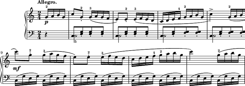 
sVarB = { r4 | << { \voiceOne c8[<e g>_. <e g>_. <e g>_.] | c8[<e g>_. <e g>_. <e g>_.] | c8[<e g>_. <f g>_. <f g>_.] | c8[<e g>_. <f g>_. <f g>_.] | c8[<e g>_. <e g>_. <e g>_.] | c8[<e g>_. <e g>_. <e g>_.] | c8[<e g> <f g> <f g>] | <e g>8 } \new Voice { \voiceTwo c2_5 | c2 | c2 | c2 | c2 | c2 | c2( | c8) } >> \oneVoice r8 r4 | c16([g' e g]) c,([g' e g]) | c,([g' e g]) c,([g' e g]) | c,([g' e g]) c,([g' e g]) | c,([g' e g]) c,([g' e g]) | c,([g' e g]) c,([g' e g]) | c,([g' e g]) c,([g' e g]) | c,([g' e g]) c,([g' f g]) | <c, e g>4 }

sVarA = { \partial 4 g16-2\p[a b g] | c8)[g-.-2] \slurDown g16-3([a g f] | e8)[e-.-2] e16-3([f e d] | c[d e f-1] g-2[a b g] | c4->) g16-2([a b g] | 
c8)[g-.-2] g16-3([a g f] | e8)[e-.-2] e16-3([f e d] | c[d e f-1] g[a b g]) | \slurNeutral c-1( \< [d e f-1] g[a b g]\! | c8)\mf[g-.-2] g16-3([a g f] | e8)[e-.-2] e16-3([f e d] | 
c[d e f-1] g-2[a b g] | c4) g16-2([a b g] | c8)[g-.-2] g16-3([a g f] | e8)[e-.-2] e16-3([f e d] | c[d e f-1] g-2[a b g] | c4) \bar "||" }

\paper { #(set-paper-size "a2") oddHeaderMarkup = \evenHeaderMarkup }
\header { tagline = ##f }
\version "2.18.2"
\score {
\midi {  }
\layout { line-width = #360
\context { \PianoStaff \consists #Span_stem_engraver } indent = 2\cm}
\new PianoStaff <<
  \new Staff { \clef 
"violin" \key c \major \time 2/4 \tempo \markup { \bold "Allegro." } \relative f' { \sVarA } }
  \new Staff { \clef "bass" \key c \major \time 2/4 \relative c { \sVarB } }
>> }