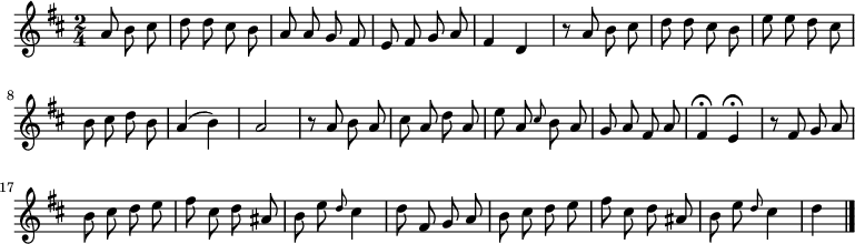 
\relative c'' {
  \key d \major
  \time 2/4
  \partial 4.
  \autoBeamOff
  a8 b cis
  d d cis b
  a a g fis
  e fis g a
  fis4 d
  r8 a' b cis
  d d cis b
  e e d cis
  b cis d b

  a4( b)
  a2
  r8 a b a
  cis a d a
  e' a, \grace cis b a
  g a fis a
  fis4\fermata e\fermata
  r8 fis g a
  b cis d e
  fis cis d ais

  b e \grace d cis4
  d8 fis, g a
  b cis d e
  fis cis d ais
  b e \grace d cis4
  d
  \bar "|."
}
