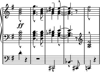 
\new StaffGroup
 \with { 
   systemStartDelimiter = #'SystemStartBar
 }
 <<
  \new GrandStaff <<
   \relative c' \new Staff \with { \remove "Time_signature_engraver" } {
    \key g \major \time 2/4
     <<
      { s2 s2 dis'4-- e-^~ e4. b8\rest s2 }
      \\
      { <d b g>2-^\ff <g b, g>4.-^ <d b g>8-- <bes g>4 <bes~ g~> <bes g>4. s8 <fis' c>2-^ }
     >>
    }
   \relative c' \new Staff \with { \remove "Time_signature_engraver" } {
    \key g \major \time 2/4 \clef bass
     <<
      { s2 s2 dis4 e~ e4. d,8\rest \clef treble <fis' c a>2-^ }
      \\
      { <d b g d>2-^ <d b g d>4.-^ <d b g d>8-- <bes g>4 <bes~ g~>-^ <bes g>4. s8 s2 }
     >>
    }
  >>
  \relative c' \new Staff \with { \remove "Time_signature_engraver" } {
   \key g \major \time 2/4 \clef bass
    d4-. r R2 cis,,2-^ bes'4.-^ cis,8 c!4 r
  }
 >>
