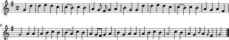 
\relative c'' {
  \key g \major
  \override Staff.TimeSignature #'style = #'single-digit
  \time 2/2
  \partial2
  \autoBeamOff
  g4 d'
  d e d c
  c( b) c b
  a g8 fis g4 a
  b g g d'
  d e d c
  c( b) c b
  a g a fis

  g2 a4
  a a b c b
  b( a) c b
  a g8[ fis] g4 a
  b g a a
  a b c b
  a2 c4 b
  a g \grace b8 a4 \grace g8 fis4
  g2
  \bar "|."
}
