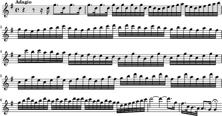 
\new Staff = "piccolo" \with {midiInstrument = "flute"} \relative c'' {
  \transposition c'
  \key g \major
  \tempo "Adagio"
  \autoBeamOff
  r4 r8 r16 d g8.[ d16 g8. d16]
  \autoBeamOn
  g16. d32 g16. d32
    g d g d g d g d
    e d c d e fis g a
    fis e d e fis g a b
  g fis e fis g a b c
    a g fis g a b c d
    b d c b a c b a
    g b a g fis a g fis
  e c' b c a b g a
    fis g e fis d e c d
    b d g d b d g d
    c e g e c e g e
  c e a e c e a e
    d fis a fis d fis a fis
    g b d b g b d b
    fis a d a fis a d a
  g b d b g b d b
    a c a c a d c d
    b c a b g b a g
    g d e fis g a b c
  d2~ d4~ d8. g,16
  fis16. c32 b16. a32 a8. g16 g4\fermata
}
