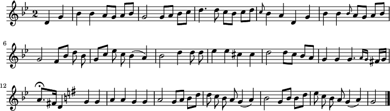 
\relative c' {
  \key g \minor
  \override Staff.TimeSignature #'style = #'single-digit
  \time 2/2
  \partial 2
  \autoBeamOff
  d g
  bes bes a8[ g] a[ bes]
  g2 g8[ a] bes[ c]
  d4. d8 c[ bes] c[ d]
  \grace c bes4 a d, g
  bes bes \grace bes8 a[ g] a[ bes]

  g2 f8[ bes] d bes
  g[ c] ees c bes4( a)
  bes2  d4 d8 d
  ees4 ees cis cis
  d2 d8[ c] bes[ a]
  g4 g g4.\grace { a16[ g] } fis[ g]

  a8.\fermata[ fis16] d4 \key g \major g g
  a a g g
  a2 g8[ a] b[ d]
  d c b a g4( a)
  b2 g8[ b] b[ d]
  e c b a g4( a)
  g2
  \bar "|."
}
