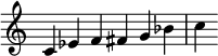 {
\override Score.TimeSignature #'stencil = ##f
\relative c' {\time 6/4 c ees f fis g bes c} }