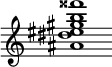 {
  % Rivin lopun pystyviiva ja tahtiosoitus piiloon.
  \override Score.BarLine.break-visibility = ##(#f #t #t)
  \override Staff.TimeSignature #'stencil = ##f
  
  <ais' dis'' eis'' gis'' b'' fisis'''>1
}
