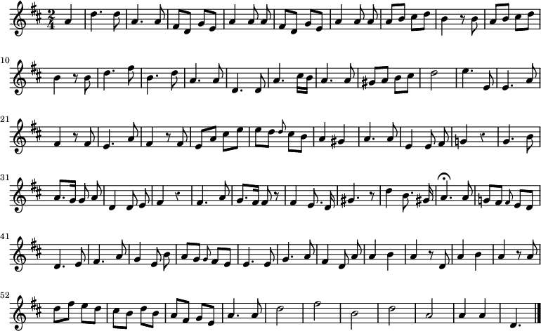 
\relative c'' {
  \override Rest #'style = #'classical
  \key d \major
  \time 2/4
  \partial 4
  \autoBeamOff
  a4
  d4. d8
  a4. a8
  fis[ d] g[ e]
  a4 a8 a
  fis[ d] g[ e]
  a4 a8 a
  a[ b] cis[ d]
  b4 r8 b

  a[ b] cis[ d]
  b4 r8 b
  d4. fis8
  b,4. d8
  a4. a8
  d,4. d8
  a'4. cis16[ b]
  a4. a8
  gis[ a] b[ cis]
  d2

  e4. e,8
  e4. a8
  fis4 r8 fis
  e4. a8
  fis4 r8 fis
  e[ a] cis[ e]
  e[ d] \grace d cis[ b]
  a4 gis
  a4. a8
  e4 e8 fis

  g!4 r
  g4. b8
  a8.[ g16] g8 a
  d,4 d8 e
  fis4 r
  fis4. a8
  g8.[ fis16] fis8 r
  fis4 e8. d16
  gis4. r8
  d'4 b8. gis16

  a4.\fermata a8
  g![ fis] \grace fis e[ d]
  d4. e8
  fis4. a8
  g4 e8 b'
  a[ g] \grace g fis[ e]
  e4. e8
  g4. a8
  fis4 d8 a'
  a4 b
  a r8 d,

  a'4 b
  a r8 a
  d[ fis] e[ d]
  cis[ b] d[ b]
  a[ fis] g[ e]
  a4. a8
  d2
  fis
  b,
  d
  a
  a4 a
  d,4.
  \bar "|."
}
