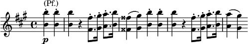 { \key fis \minor \time 4/4 \relative c' { \partial 2 <b' b'>-.\p^\markup { (Pf.)} <b b'>-. <b b'> r <fis fis'>8.-. <gis gis'>16-. <a a'>8.-. <b b'>16 <fisis fisis'>4( <gis gis'>) <b b'>-. <b b'>-. <b b'> r <fis fis'>8.-. <gis gis'>16-. <a a'>8.-. <b b'>16 <a a'>4( <gis gis'>) } }