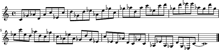 
{

\modalTranspose c c' { c d ees ges aes } { c8 ges aes } 
\modalTranspose c d' { c d ees ges aes } { c ges aes } 
\modalTranspose c ees' { c d ees ges aes } { c ges aes } 
\modalTranspose c ges' { c d ees ges aes } { c ges aes } 
\modalTranspose c aes' { c d ees ges aes } { c ges aes } 
\modalTranspose c c'' { c d ees ges aes } { c ges aes } 
\modalTranspose c d'' { c d ees ges aes } { c ges aes } 
\modalTranspose c ees'' { c d ees ges aes } { c ges aes } 
\modalTranspose c ges'' { c d ees ges aes } { c ges aes } 

\modalInversion c ees''' { c d ees ges aes } { c ges aes } 
\modalInversion c d''' { c d ees ges aes } { c ges aes } 
\modalInversion c c''' { c d ees ges aes } { c ges aes } 
\modalInversion c aes'' { c d ees ges aes } { c ges aes } 
\modalInversion c ges'' { c d ees ges aes } { c ges aes } 
\modalInversion c ees'' { c d ees ges aes } { c ges aes } 
\modalInversion c d'' { c d ees ges aes } { c ges aes } 
\modalInversion c c'' { c d ees ges aes } { c ges aes } 
\modalInversion c aes' { c d ees ges aes } { c ges aes } 
\modalInversion c ges' { c d ees ges aes } { c ges aes } 
\modalInversion c ees' { c d ees ges aes } { c ges aes } 
\modalInversion c d' { c d ees ges aes } { c ges aes } 

c'~ c'1

\bar "|."
}
