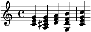  { \new PianoStaff << \new Staff \relative c' { \set Staff.midiInstrument = #"violin" <c e g> | <a cis e g> | <d f a> | <g, d' f b> | <c e g c> } >> } 